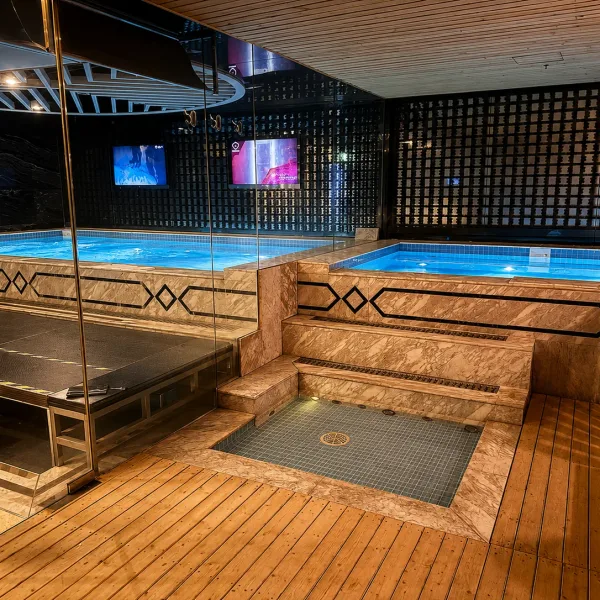 ウッドデッキに囲まれた屋内の青い浴槽